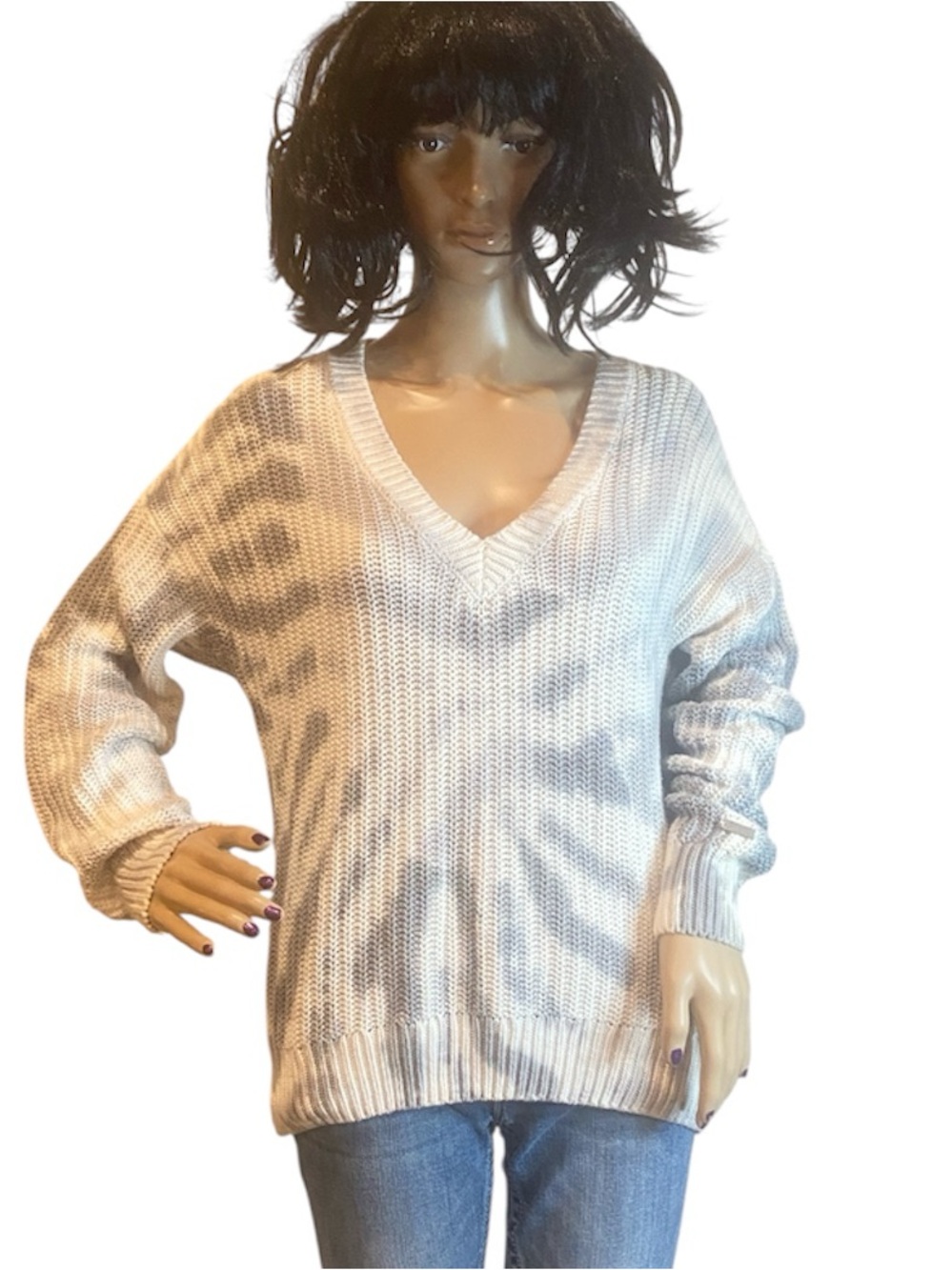 PINK Victoria's Secret V-Neckline Tie-Dye Sweater Top Gray White Size Small EUC